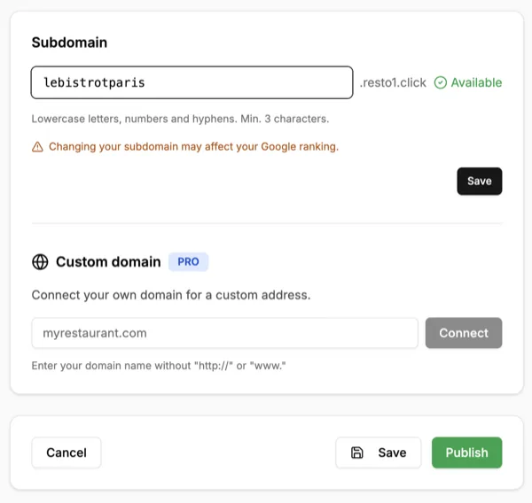 Custom domain configuration in the Resto1.Click dashboard