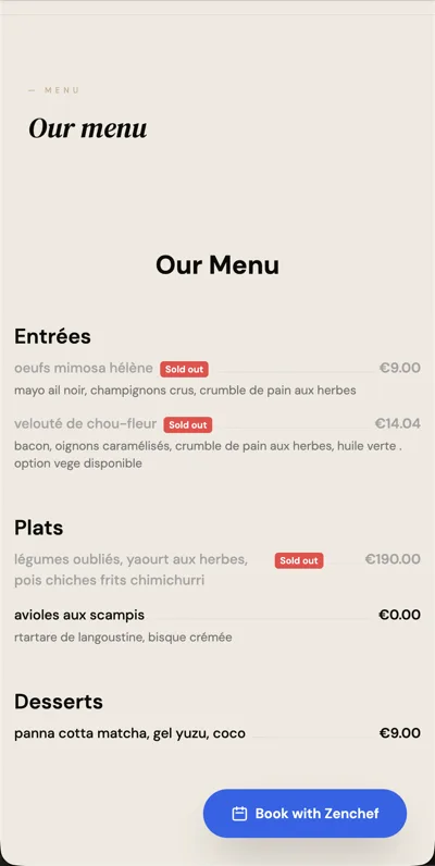 Restaurant menu page on smartphone via Resto1.Click
