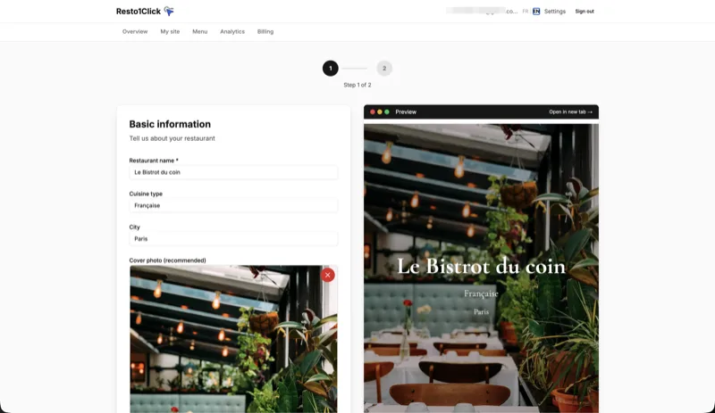 Resto1.Click onboarding form — restaurant name, cuisine type and cover photo